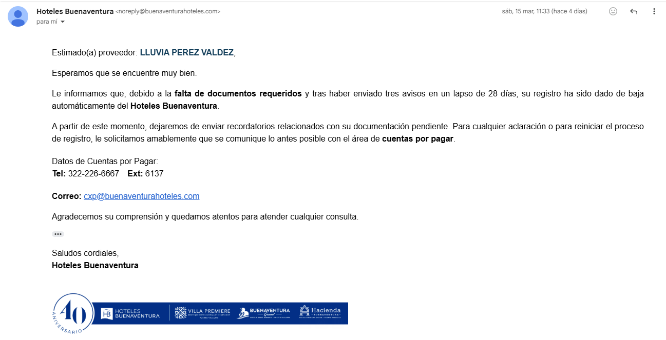 Correo Baja Proveedor