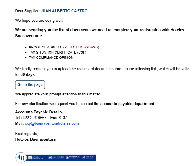 Email requesting documents with rejected documents
